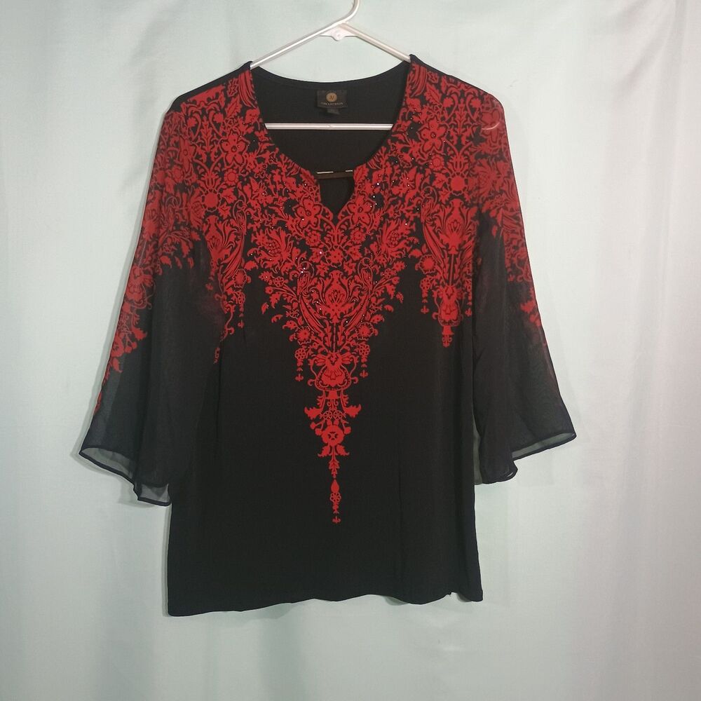 Women’s Black & Red Ornate Print Bell Sleeve Blouse – V-Neck Dressy Top